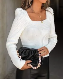 LUSH-001 Class Act Ribbed Pearl Long Sleeve Top - Ivory - FINAL SALE