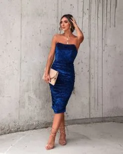 Amore Strapless Drape Burnout Velvet Midi Dress - Navy - FINAL SALE