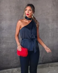 NAKE-001 Lucy Satin Front Tie Top - Black - FINAL SALE