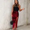 ENDL-001 Dash Of Winter Velvet Ruched Slit Maxi Skirt - Wine - FINAL SALE