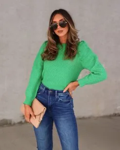Teagan Knit Puff Sleeve Sweater - Green - SALE