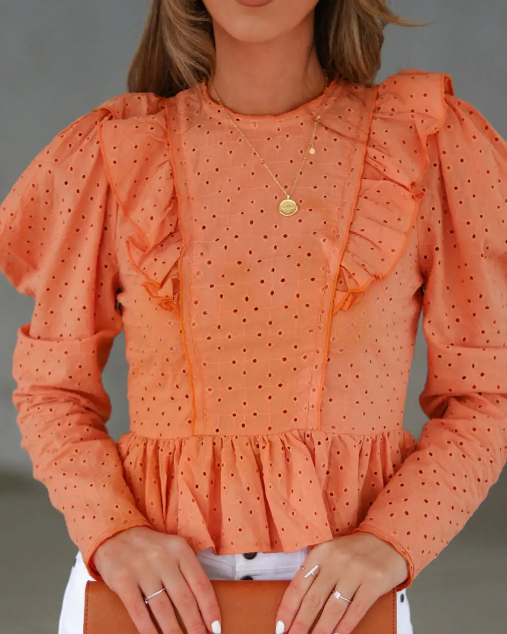 Dustin Eyelet Ruffle Puff Sleeve Top - Light Terracotta - SALE 2 Dustin Eyelet Ruffle Puff Sleeve Top - Light Terracotta - SALE - Image 2