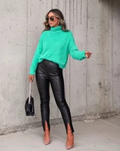 VERY-001 Tell Me About It Stud Faux Leather Split Hem Pants - Black - FINAL SALE