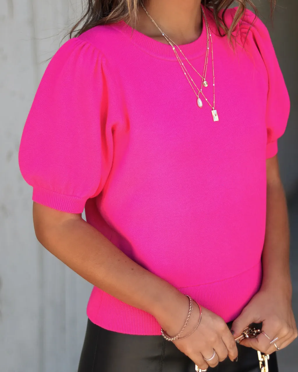 Livia Puff Sleeve Knit Sweater Top - Fuchsia 2 Livia Puff Sleeve Knit Sweater Top - Fuchsia - Image 2