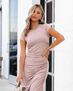 CHRY-001 Myra Ruched Knit Midi Dress - Stone - FINAL SALE -clothes Sales MyraRuchedKnitMidiDressStone106