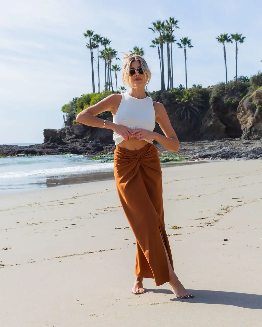 FORE-001 Martine Twisted Front Slit Maxi Skirt - Caramel - SALE 1 FORE-001 Martine Twisted Front Slit Maxi Skirt - Caramel - SALE