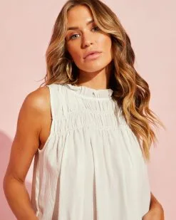 Set Your Sights Smocked High Neck Top - White 9 Set Your Sights Smocked High Neck Top - White -clothes Sales NT2062 WHITE7129