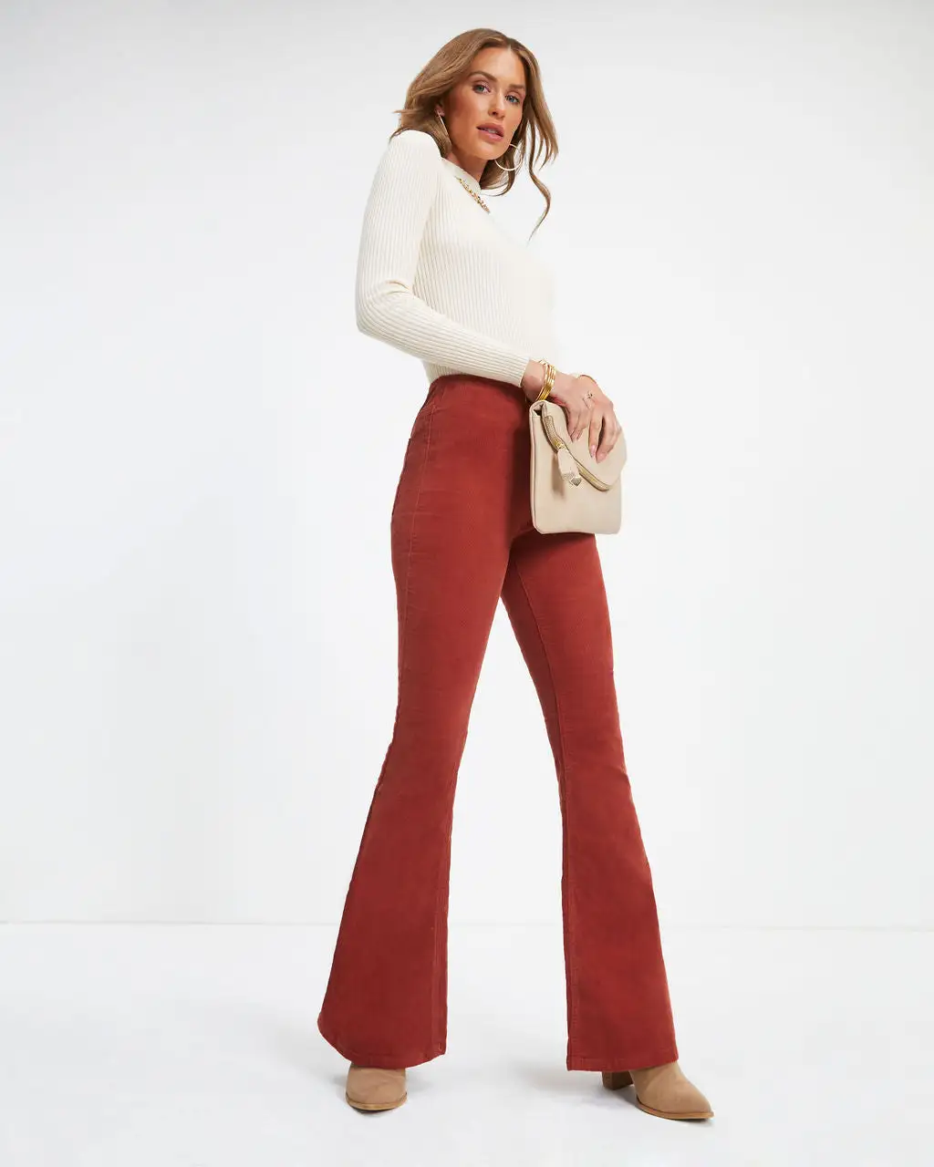 NEWB-001 Sophie High Rise Bell Bottom Corduroy Pants - Brick - FINAL SALE - Image 3