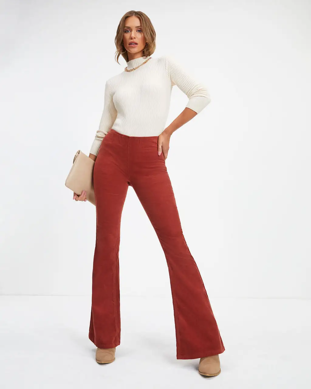 NEWB-001 Sophie High Rise Bell Bottom Corduroy Pants - Brick - FINAL SALE - Image 6