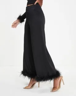 FORE-001 New Lover Feather Trim Pocketed Pants - Black - FINAL SALE -clothes Sales New Lover Feather Trim Pocketed Pants Black 0108