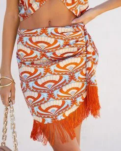ACOA-001 Nile Satin Printed Fringe Hem Mini Skirt