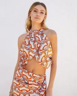 Nile Satin Printed Halter Crop Top