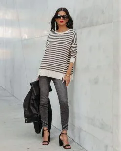 Nora Cotton Distressed Striped Pullover - Charcoal Cream - FINAL SALE -clothes Sales NoraCfottonDistressedStipedPulloverCharcoalCream17