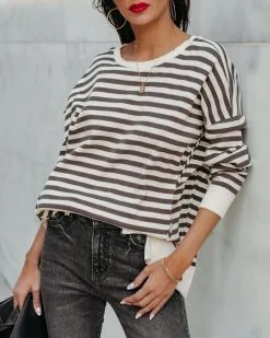 Nora Cotton Distressed Striped Pullover - Charcoal Cream - FINAL SALE -clothes Sales NoraCfottonDistressedStipedPulloverCharcoalCream24