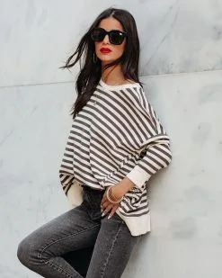 Nora Cotton Distressed Striped Pullover - Charcoal Cream - FINAL SALE