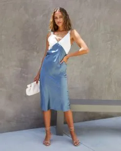 Notebook Romance Satin Colorblock Midi Dress - Navy