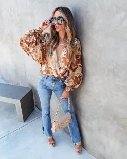 SALT-001 One Groovy Fall Floral Balloon Sleeve Bodysuit - FINAL SALE