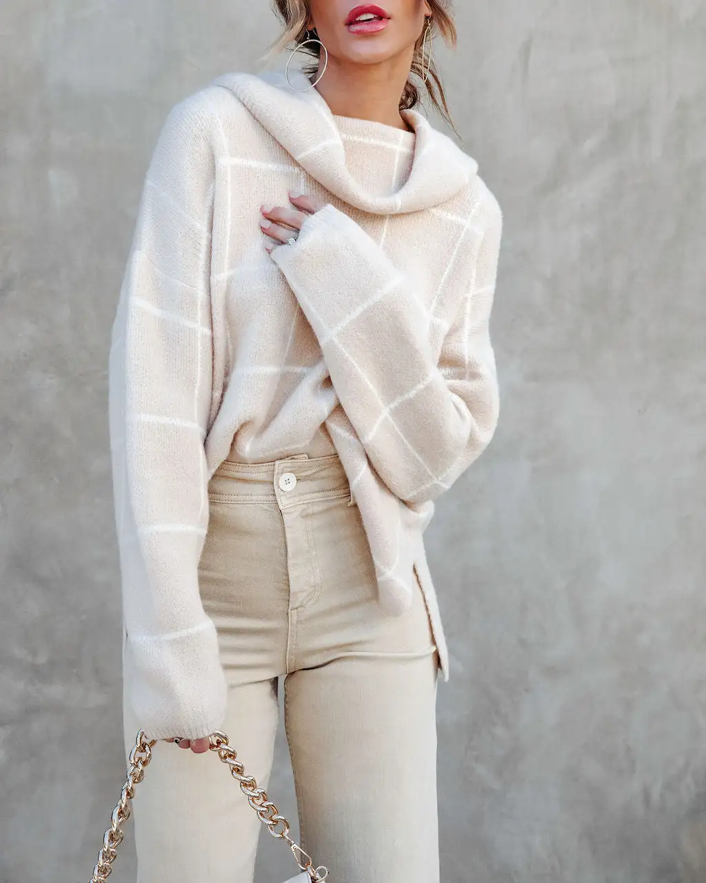 Out Of Line Knit Cowl Neck Sweater - Beige/White - SALE 2 Out Of Line Knit Cowl Neck Sweater - Beige/White - SALE - Image 2