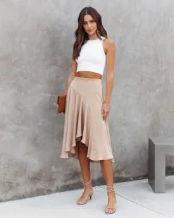 TYCH-001 Palmer Satin Ruffle Midi Skirt - Tan - SALE