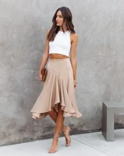 TYCH-001 Palmer Satin Ruffle Midi Skirt - Tan - SALE -clothes Sales PalmerSatinRuffleMidiSkirt Tan 211
