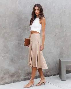 TYCH-001 Palmer Satin Ruffle Midi Skirt - Tan - SALE -clothes Sales PalmerSatinRuffleMidiSkirt Tan 242