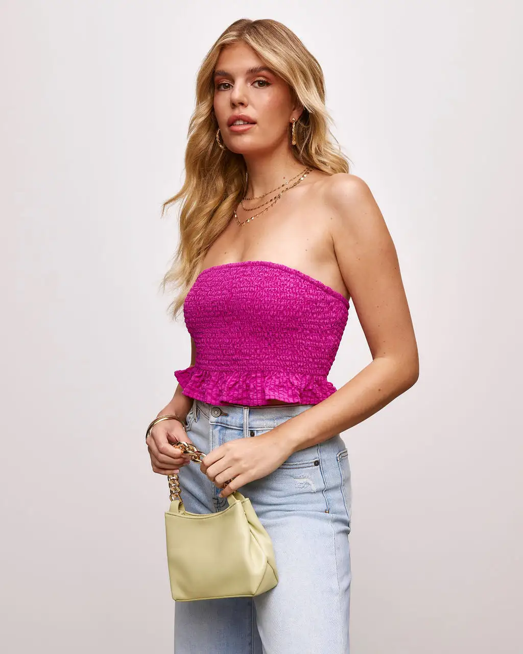 GILL-001 Paulette Strapless Smocked Crop Top - Magenta 4 GILL-001 Paulette Strapless Smocked Crop Top - Magenta - Image 4