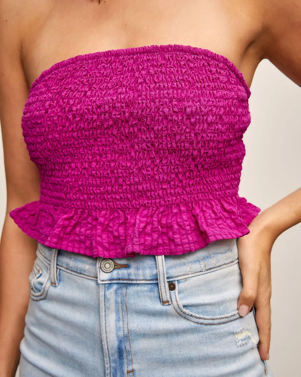 GILL-001 Paulette Strapless Smocked Crop Top - Magenta 3 GILL-001 Paulette Strapless Smocked Crop Top - Magenta - Image 3