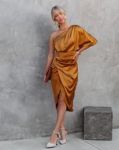 Persimmon One Shoulder Satin Drape Dress - Marigold - FINAL SALE -clothes Sales PersimmonOneShoulderSatinDrapeDressMarigold10