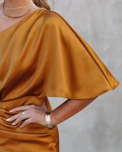 Persimmon One Shoulder Satin Drape Dress - Marigold - FINAL SALE -clothes Sales PersimmonOneShoulderSatinDrapeDressMarigold53