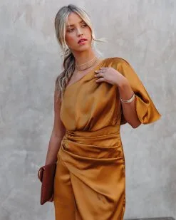 Persimmon One Shoulder Satin Drape Dress - Marigold - FINAL SALE -clothes Sales PersimmonOneShoulderSatinDrapeDressMarigold59