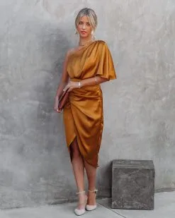 Persimmon One Shoulder Satin Drape Dress - Marigold - FINAL SALE -clothes Sales PersimmonOneShoulderSatinDrapeDressMarigold6