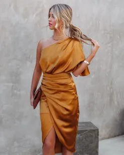 Persimmon One Shoulder Satin Drape Dress - Marigold - FINAL SALE -clothes Sales PersimmonOneShoulderSatinDrapeDressMarigold62