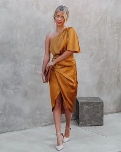 Persimmon One Shoulder Satin Drape Dress - Marigold - FINAL SALE -clothes Sales PersimmonOneShoulderSatinDrapeDressMarigold65