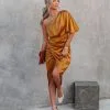 Persimmon One Shoulder Satin Drape Dress - Marigold - FINAL SALE