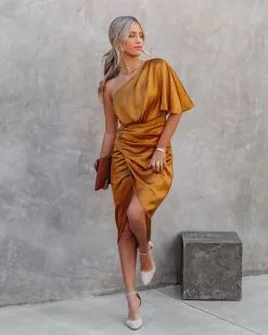 Persimmon One Shoulder Satin Drape Dress - Marigold - FINAL SALE