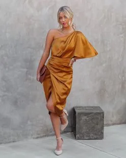 Persimmon One Shoulder Satin Drape Dress - Marigold - FINAL SALE -clothes Sales PersimmonOneShoulderSatinDrapeDressMarigold78