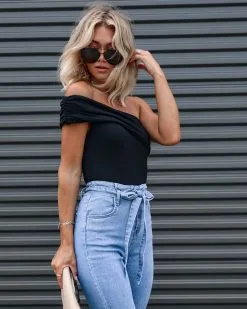 BLUE-001 Kemsley Cotton One Shoulder Bodysuit - Black -clothes Sales PhotoJul19 103153PM