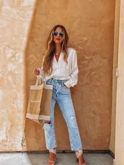 ENDL-001 Sophisticated Satin Button Down Blouse - White - FINAL SALE -clothes Sales PhotoMay16 103803PM