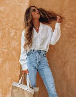 ENDL-001 Sophisticated Satin Button Down Blouse - White - FINAL SALE -clothes Sales PhotoMay16 103804PM