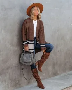 Precious Moments Striped Pocketed Cardigan - Coffee - FINAL SALE -clothes Sales PreciousMomentsStripedPocketedCardiganCoffee104