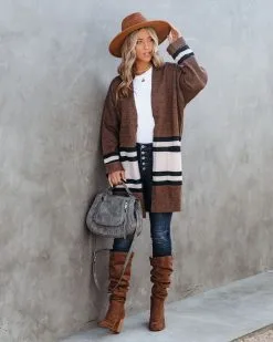 Precious Moments Striped Pocketed Cardigan - Coffee - FINAL SALE