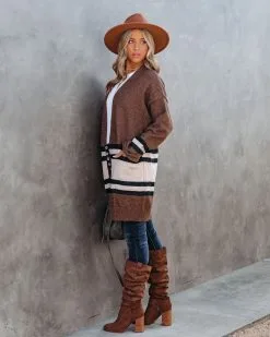 Precious Moments Striped Pocketed Cardigan - Coffee - FINAL SALE -clothes Sales PreciousMomentsStripedPocketedCardiganCoffee22