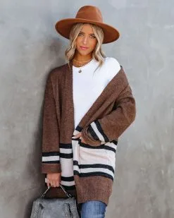 Precious Moments Striped Pocketed Cardigan - Coffee - FINAL SALE -clothes Sales PreciousMomentsStripedPocketedCardiganCoffee82