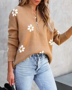 Prettiest Daisy Half Zip Pullover Sweater - Tan - FINAL SALE -clothes Sales Prettiestdaisyhalfzippulloversweatertan18