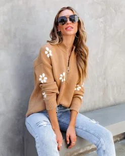 Prettiest Daisy Half Zip Pullover Sweater - Tan - FINAL SALE