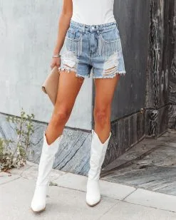 POL-001 Rhinestone Cowgirl Distressed Denim Shorts - Denim - FLASH FINAL SALE -clothes Sales RhinestoneCowgirlDistressedDenimShortsDenim179