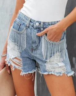 POL-001 Rhinestone Cowgirl Distressed Denim Shorts - Denim - FLASH FINAL SALE