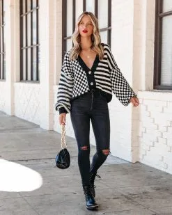 Rumor Has It Checkered Striped Knit Cardigan - Black - FINAL SALE -clothes Sales RumorHasitCheckeredStripedKnitCardigan 2