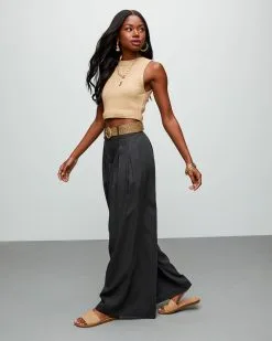 Leray Belted Pocketed Pants - Washed Black