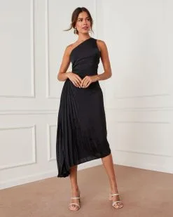 Coda Satin Side Pleated Cutout Midi Dress - Black -clothes Sales STD13619A BLACK 15665